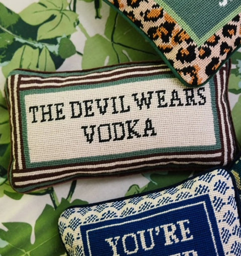 Devil Wears Vodka Needlepoint Pillow