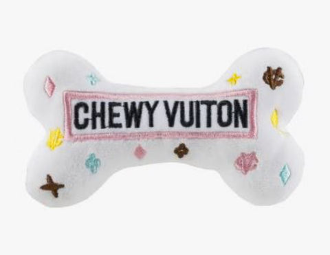 White Monogram Chewy Vitton Bone Plush Dog Toy Large