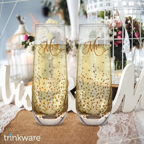 Mr and Mrs Champagne Flute with Gold Dots set of 2