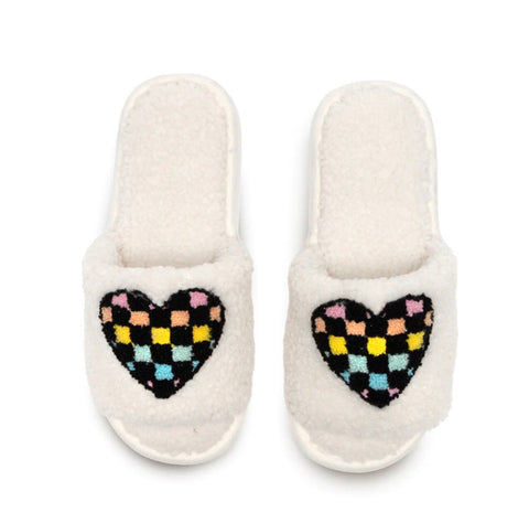 White Retro Heart Slide Slippers S/M - M/L