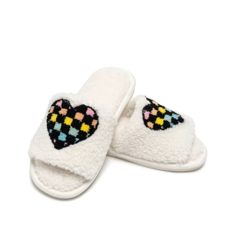 White Retro Heart Slide Slippers S/M - M/L