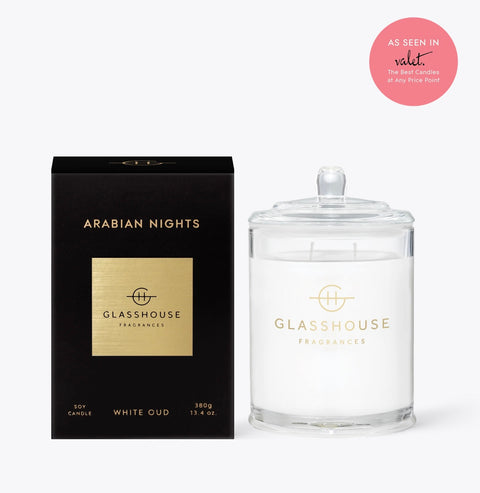 Arabian Nights 13.4 Oz. Glasshouse Candle "White Oud"