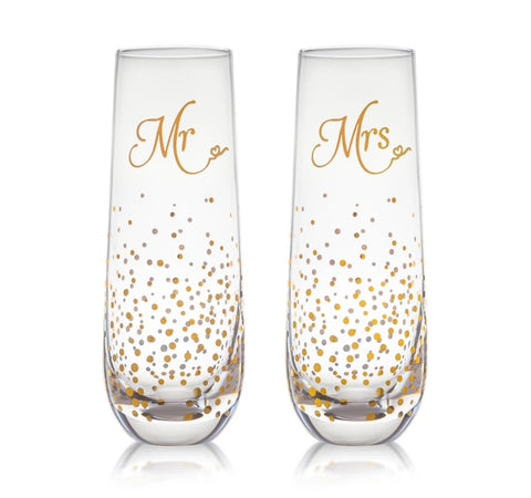 Mr and Mrs Champagne Flute with Gold Dots set of 2