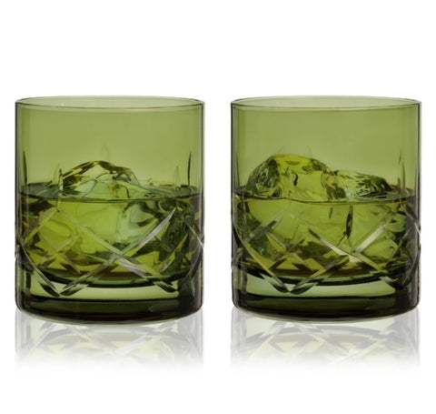 Admiral Cut Glass Rocks Glasses Green Set of 2