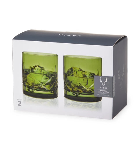 Admiral Cut Glass Rocks Glasses Green Set of 2