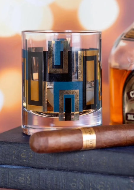 Blue and Gold Mid-Century Vintage Whiskey Rocks Cocktail Glass