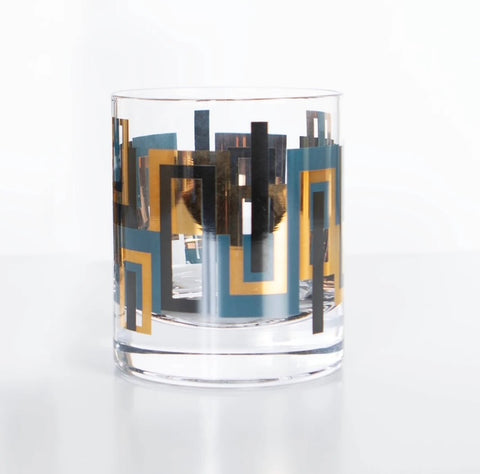 Blue and Gold Mid-Century Vintage Whiskey Rocks Cocktail Glass