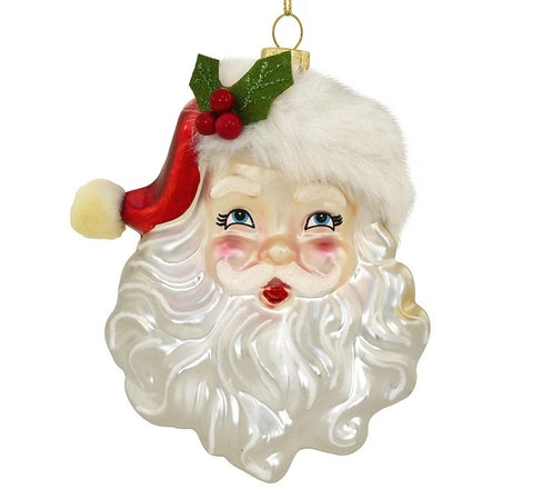 5" Santa Glass Head Ornament - White Beard/Fur Hat