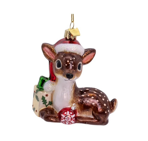 4.25 Nostalgic Deer w/ Santa Hat Noble Gems Glass  Ornament