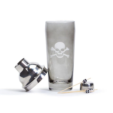 Two's Company Skull & Bones Smoke Glass Cocktail Shaker with 20 Skull Picks